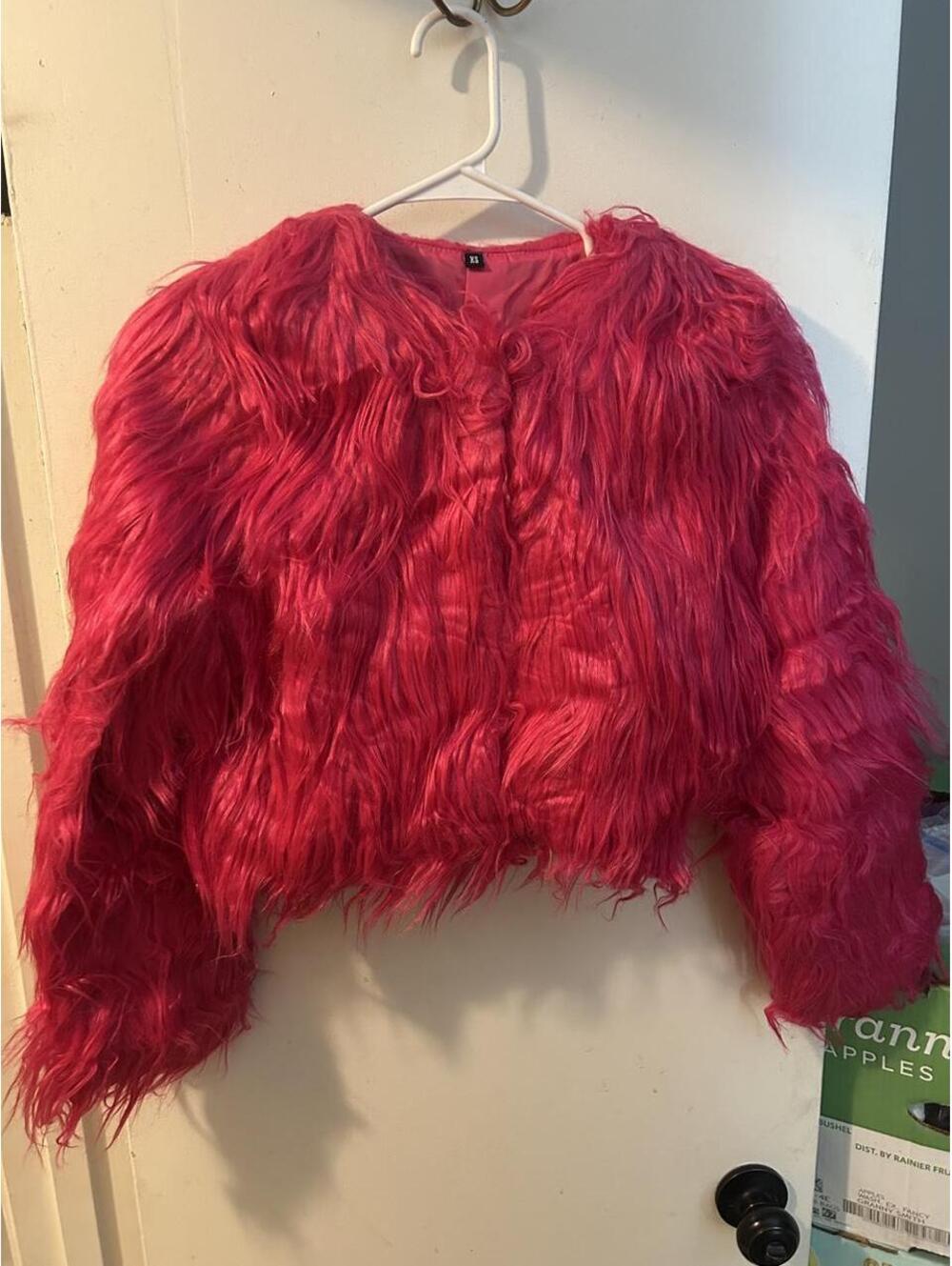 Brand new Hot pink shaggy faux fur cropped jacket in XS